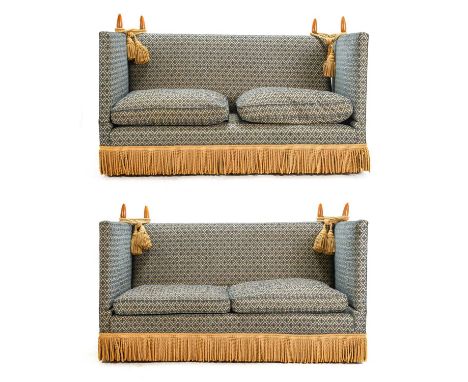 A Pair of Feather-Filled Two-Seater Knoll Style Sofas, modern, covered in light blue and cream shamrock pattern geometric fab