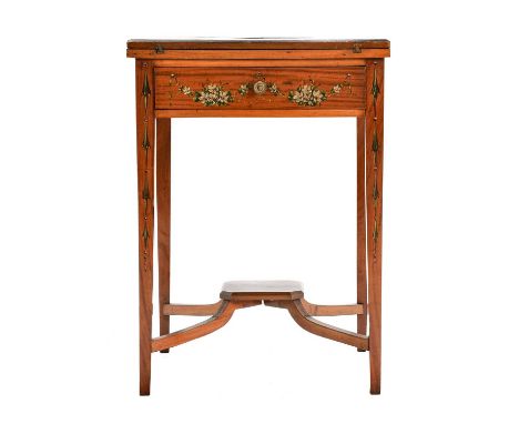 An Edwardian Satinwood and Polychrome-Painted Envelope Card Table, circa 1900, painted with classical figures and floral spra