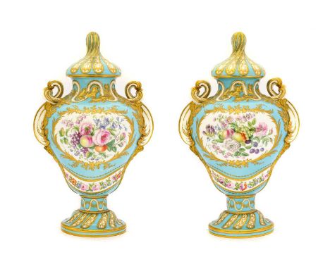 {} A Pair of Sèvres Style Porcelain Vases and Covers, 19th century, of baluster form, painted with exotic birds in landscape 