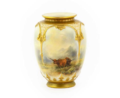 A Royal Worcester Porcelain Vase, by John Stinton, 1919, painted with highland cattle in landscape within moulded and gilt st