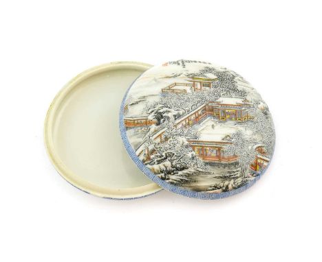 ^ A Chinese Porcelain Seal Paste Box and Cover, circa 1936, of circular form, painted with a winter scene with a palace and t