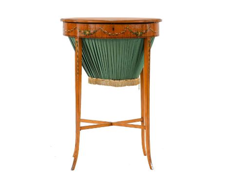 {} An Edwardian Satinwood and Polychrome Painted Work Table, early 20th century, in Neo-Classical style, the oval lid decorat