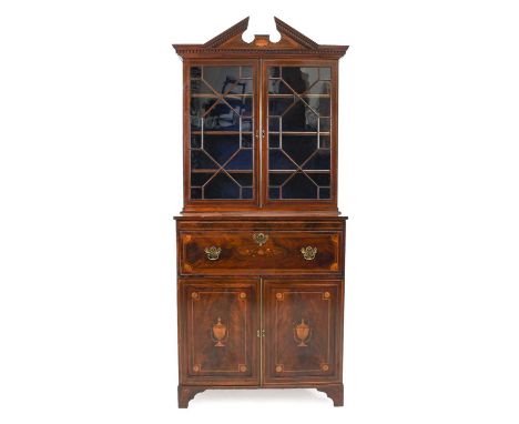 ~  A Victorian Mahogany, Boxwood, Ebony Strung and Satinwood Banded Secretaire Bookcase, in George III style, the dentil moul