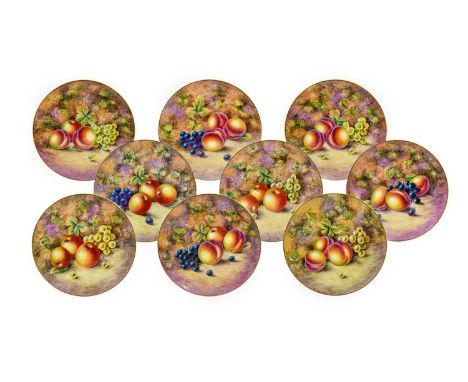 A Set of Nine Royal Worcester Porcelain Plates, 2nd half 20th century, painted with still lifes of fruit on a mossy bank, ind
