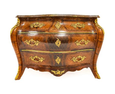 A Swedish Kingwood, Fruitwood, Crossbanded and Parquetry Decorated Bombé Shaped Commode, circa 1750, in Louis XV style, the a
