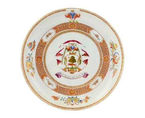 ^  A Chinese Armorial Porcelain Saucer Dish, circa 1722, painted in famille rose enamels with the arms of Lambert over a scro