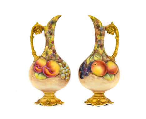 {} A Pair of Royal Worcester Style Porcelain Ewers, by Gerald Delaney, late 20th century, of flattened pear shape with scroll