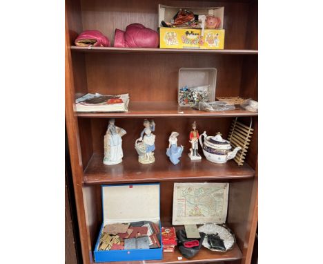 A Pelham puppet together with a pair of boxing gloves, lead figures, pottery figures, tea pot toys etc 