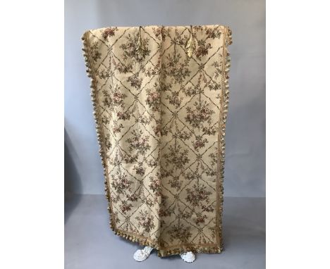 Pair of Vintage French embellished and lined curtains with ornate metal tie backs. (W) 36" x (L) 91".