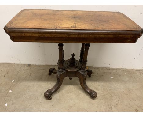 A 19th Century walnut veneered inlaid card table with birdcage pedestal legs. W:90cm x D:46cm x H:77cm