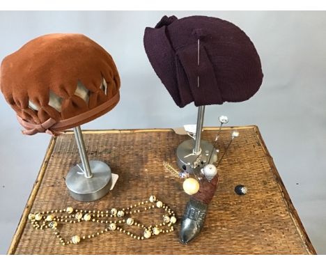 1930s velvet hat and another 1930s hat with matching hatpins together with a Victorian silver cushioned hat pin holder and a 