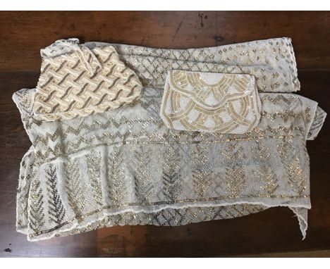 Large 1920s Assuit, hammered steel scarf in very good condition together with 2 1920s beaded and sequin bags. Scarf 23 x 86.