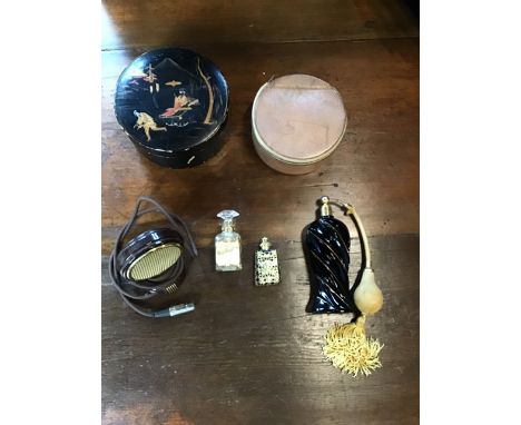 3 Vintage perfume bottles, a vintage microphone, together with a 1930s leather collar case, silk lined and a Victorian orient