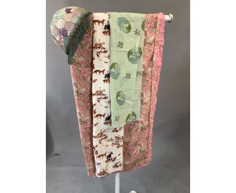 Assorted textiles including Vintage paisley duvet cover, lamp shade, 1 curtain with hunting scene, small piece of pretty prin