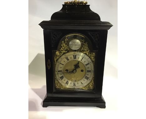 A mid to late 18th century ebonised bracket clock, the eight day twin fusee movement with verge escapement, striking hours on
