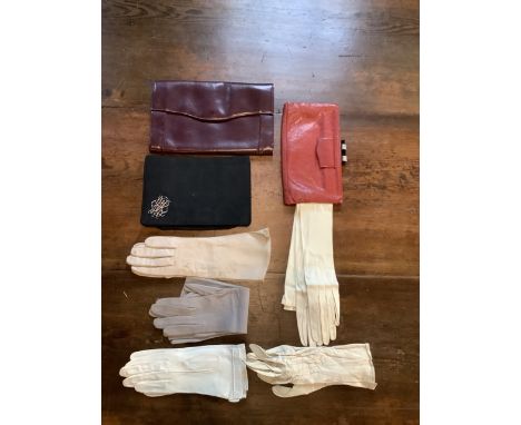 Collection of vintage clutch bags 1930s and gloves. Including gloves from Dickens and Jones and The London Glove Company