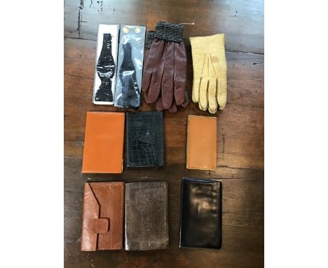 6 leather wallets together with 2 pairs of vintage gents leather gloves and 2 formal silk bowties in original packaging