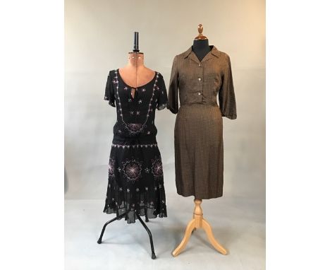 Vintage silk chiffon beaded dress by Alice Temperley size 8 together with a 1940s silk shirtwaister dress with pearlised butt