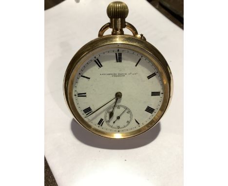 A gold plated crown wind open faced pocket watch by Lancashire Watch Co Ltd Prescot. White enamel face with Roman numeral mar