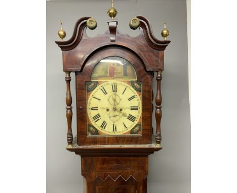 A 19th Century mahogany longcase clock, the arched hood with swan neck pediment above a rectangular panelled door and conform