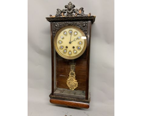 A rosewood marble faced Vienna style hanging wall clock with marble face and gilt and enamel markers. W:30cm x D:12cm x H:76c