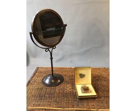 Brass 1930s two-way small dressing table mirror on stand together with vintage boxed bottle of Joy perfume by Jean Patou