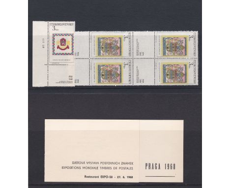 Czechoslovakia 1968-Prague 1968 Int Stamp Exhibition SG1748 m/m 3k stamp SG1754 m/ m block of (4) 3k stamps, both with attach