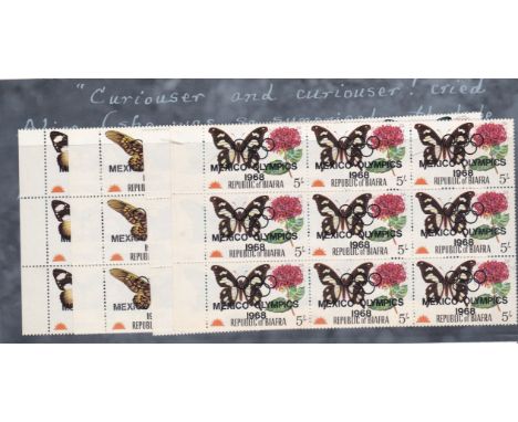 Biafra 1968-Butterflies and Plaints, with Mexico Olympics over prints set of (4) u/m mint in blocks of (9)