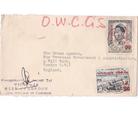 Cameroon 1962 - Cover Victoria to London 15 fail 25f adhesives Federal  Cameroon over print adhesives