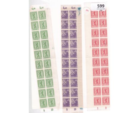 Germany 1945 - Allied Occupation -Russian Zone SG RA8 5pf rouletted, RA2-RA3 6pf and 8pf perf u/m-no gum strips of (20) Miche