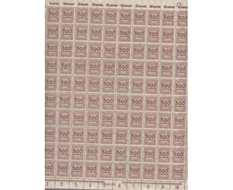 Germany 1923-Inflation period definitive SG315 u/m 500T sheet of 100 Michel 313A