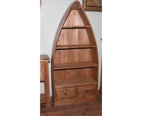 Light oak dinghy shaped open bookcase with 2 drawers under 85cm wide x 182cm high