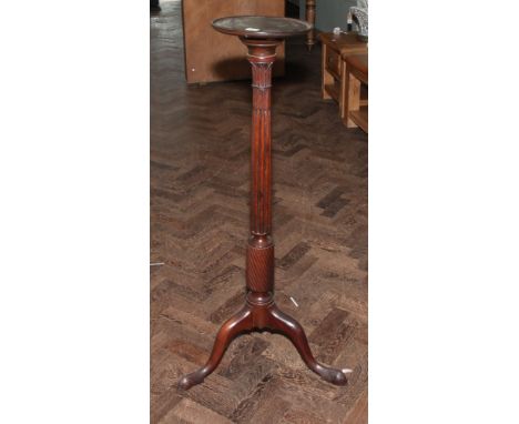 1920's reproduction mahogany torchere with reeded column on tripod base 44" high 