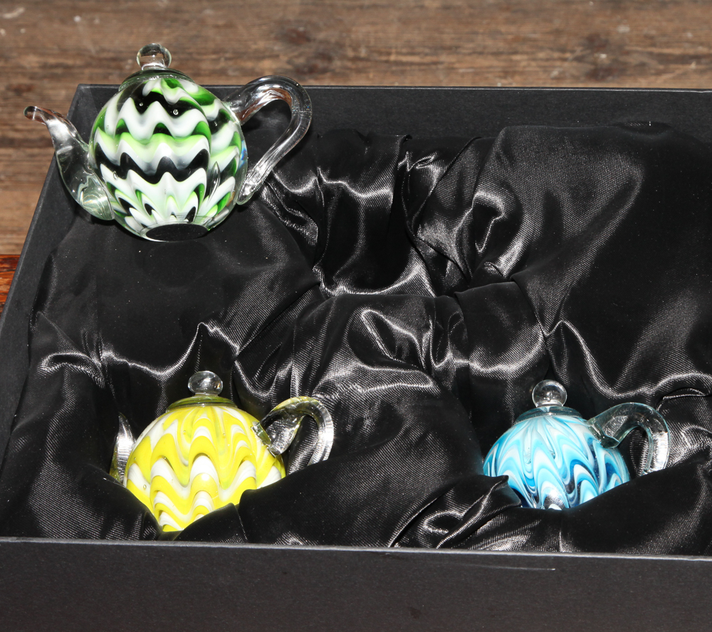 Balmoral collection of three novelty teapot shaped glass paperweights