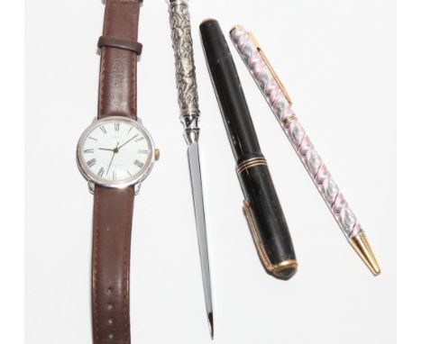 Gents Timex wristwatch, Parker fountain pen and two white metal ball point pens 