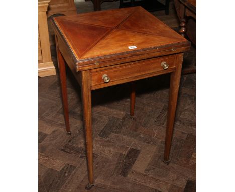 Edwardian inlaid mahogany envelope top card table fitted drawer standing on square tapered legs 21" square 