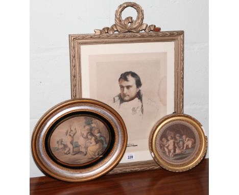 Coloured print portrait of Napoleon - 20 x 13" including frame and two Victorian sentimental coloured prints in gilt frames  