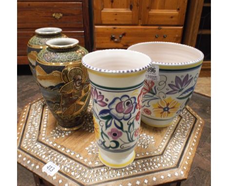 pair of Japanese satsuma vases, Poole pottery jardiniere and a vase