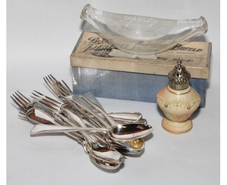 Small Locke Worcester sugar caster, glass babies feeding bottle and various forks and spoons 