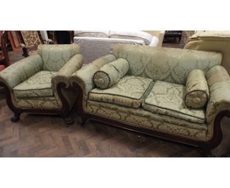 1930's carved mahogany framed three piece lounge suite, 2 seater sofa and a pair of chairs, upholstered in green damask, with
