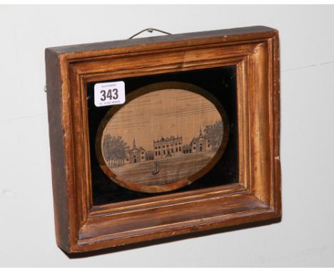 19th century oval needlework panel depicting figures in a landscape, of Richard Hawe Esq, Boreham Essex worked by Mary Ann Da