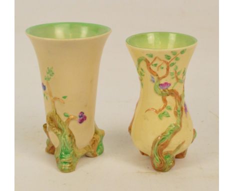 Two Clarice Cliff vases, hand painted and decorated with blossoming branches, one of tapering form, height 16cm, both on thre