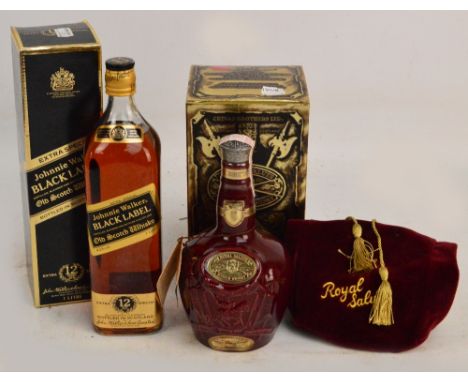 A boxed single bottle of Johnnie Walker Black Label Old Scotch 12 year old Whisky and a boxed single bottle of Chivas Royal S