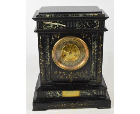 A large late 19th century French black slate and green marble inlaid mantel clock with circular dial set with Arabic numerals