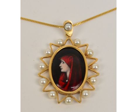 An 18ct gold fine link chain supporting an enamelled oval pendant in pierced frame set with cultured pearls, the plaque decor
