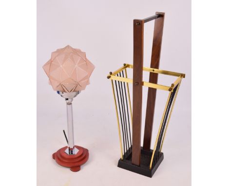An Art Deco chromed lamp with hexagonal tapering stem on stepped circular resin base and with pink frosted glass shade, heigh