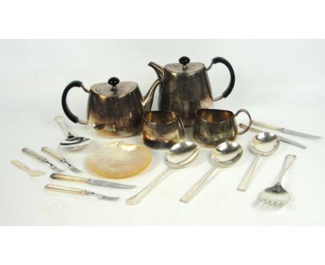 A small quantity of silver plated items comprising a four piece globular oval tea service, a group of serving spoons and fork