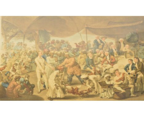 After JOHANN ZOFFANY; a hand-coloured mezzotint by Richard Earlom, "Colonel Mordaunt's Cock Match at Lucknow in the Province 