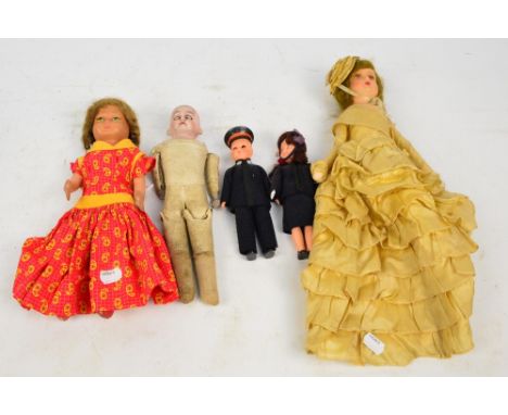 An early 20th century German Ernst Heubach bisque headed doll with kid leather body, with open/close eyes and open mouth reve