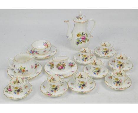 A Royal Worcester "Roanoke" pattern coffee set comprising a coffee pot, eight coffee cans and saucers, three plates, diameter